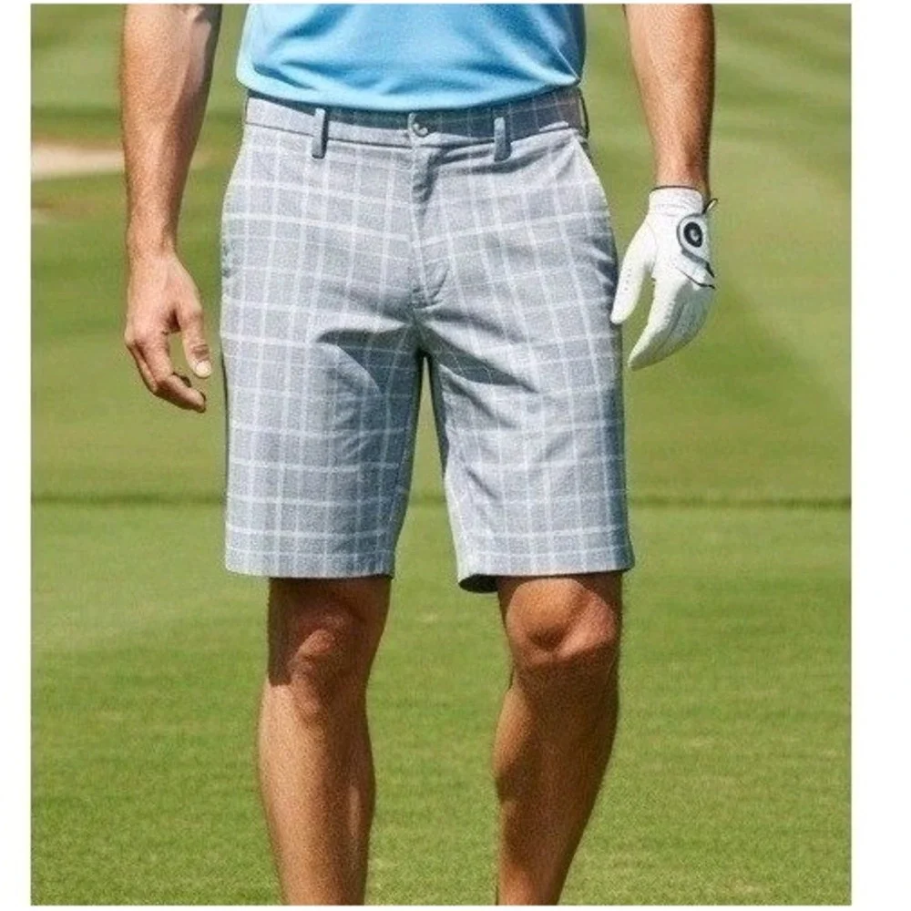 PGA TOUR Plaid Golf Shorts Mens 36 Gray Flat Front Performance Activewear Sports